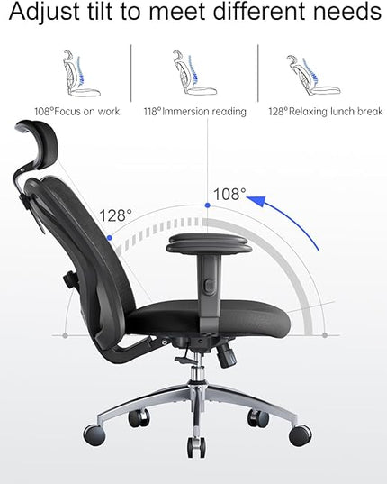 SIHOO M18 Ergonomic Office Chair for Big and Tall People Adjustable Headrest with 2D Armrest Lumbar Support and PU Wheels Swivel Tilt Function Black - LeafyLoom