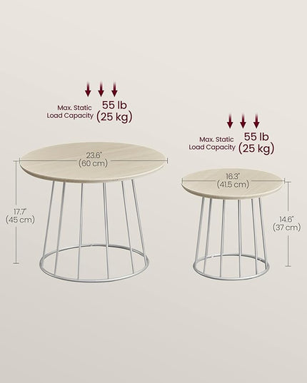 VASAGLE Round Coffee Tables, Set of 2, Modern Circle Side Tables with Steel Frame, for Living Room, Bedroom, Natural Beige ULCT045K67 - LeafyLoom