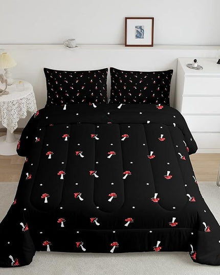 Cute Mushroom Comforter Set Full Size Kid Cartoon Bedding Set Red Mushroom Kawaii Reversible Duvet Set Types of Mushrooms Comforter Cute Wild Species Comforter Set for Bedroom Decor, Black - LeafyLoom