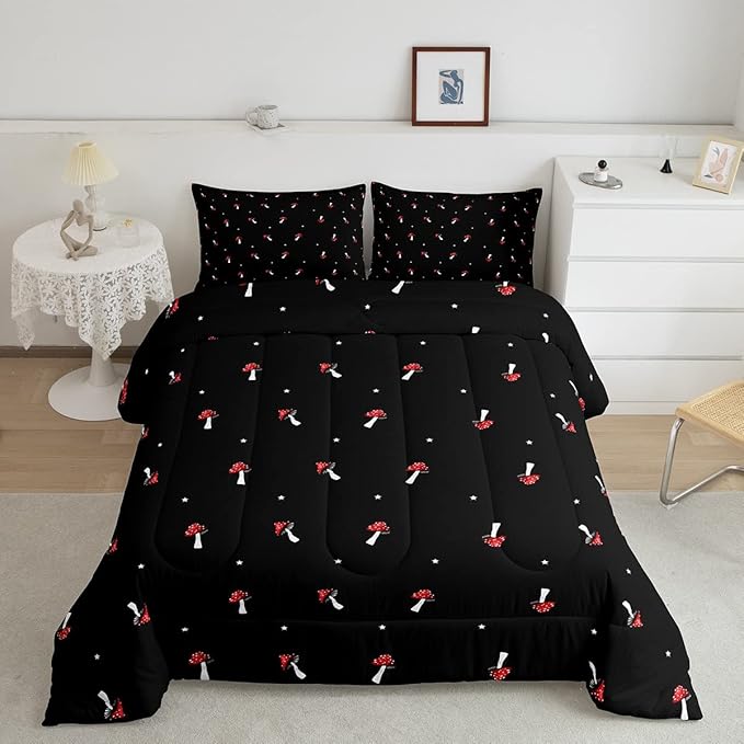 Cute Mushroom Comforter Set Full Size Kid Cartoon Bedding Set Red Mushroom Kawaii Reversible Duvet Set Types of Mushrooms Comforter Cute Wild Species Comforter Set for Bedroom Decor, Black - LeafyLoom