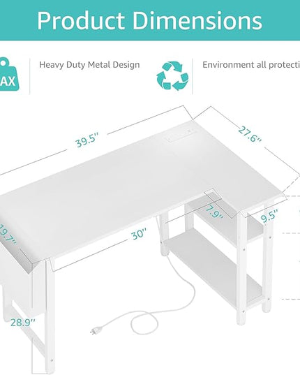Lufeiya White L Shaped Computer Desk with Power Outlet Shelves, 40 Inch Small Corner Desk for Small Space Home Office, L-Shaped Desk PC Desks, White - LeafyLoom