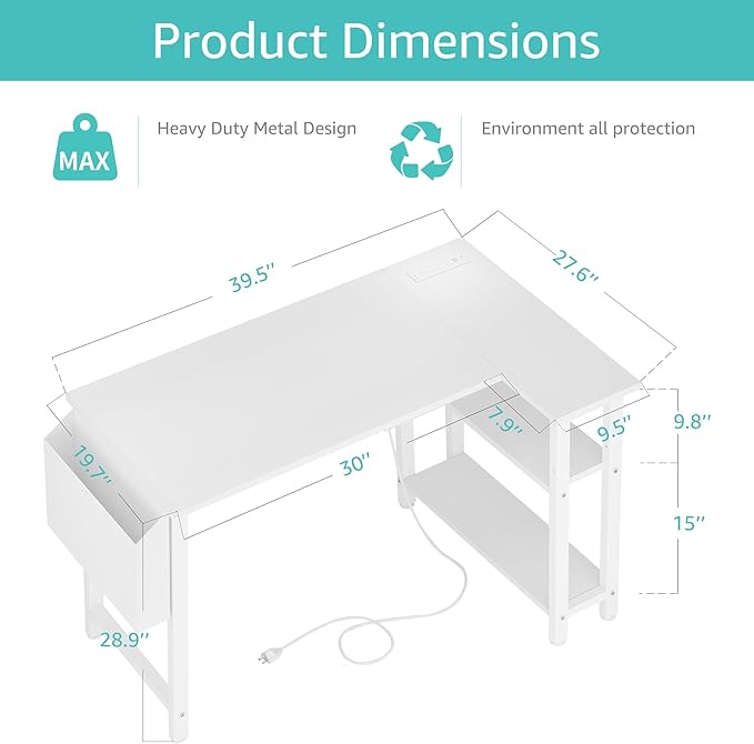 Lufeiya White L Shaped Computer Desk with Power Outlet Shelves, 40 Inch Small Corner Desk for Small Space Home Office, L-Shaped Desk PC Desks, White - LeafyLoom