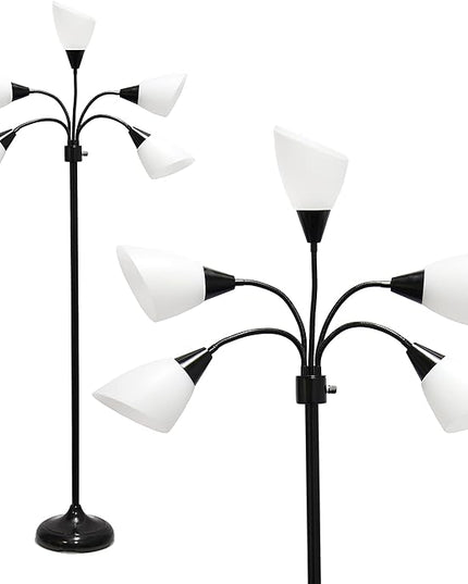 Simple Designs LF2006-BAW 67" Contemporary Multi Head Medusa 5 Light Adjustable Gooseneck Black Floor Lamp with White Shades for Kids Bedroom Playroom Living Room Office - LeafyLoom