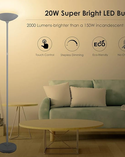 Floor Lamp, Standing Lamp, 20W 2000LM LED Torchiere Floor Lamp, Stepless Dimmable, Touch Control, 3000K Daylight, 50000hrs Lifespan, Floor Lamps for Living Room, Standing Lamps for Bedroom Gray - LeafyLoom