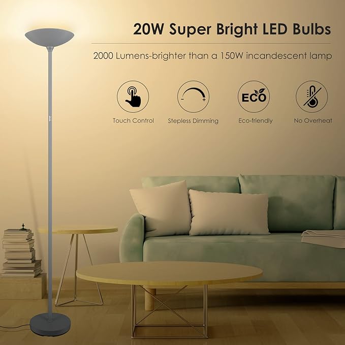 Floor Lamp, Standing Lamp, 20W 2000LM LED Torchiere Floor Lamp, Stepless Dimmable, Touch Control, 3000K Daylight, 50000hrs Lifespan, Floor Lamps for Living Room, Standing Lamps for Bedroom Gray - LeafyLoom