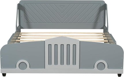 Full Size Car-Shaped Bed Frame for Kids,Wooden Platform Bed with Wheels and Side Rails for for Boys Girls,Wood Slat Supports,No Box Spring Needed,Gray - LeafyLoom