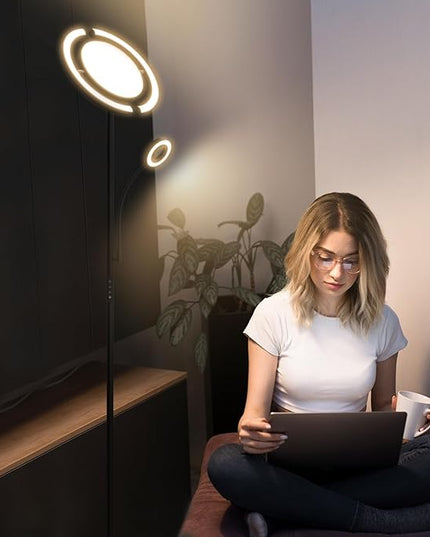 FIMEI 3 in 1 Floor Lamp, Modern Bright Standing Lamp with Split Rotatable Outer Ring Light and Small Reading Light, 4 Color Temperature and Dimmable, 3-Way Independent Control for Living Room Office - LeafyLoom