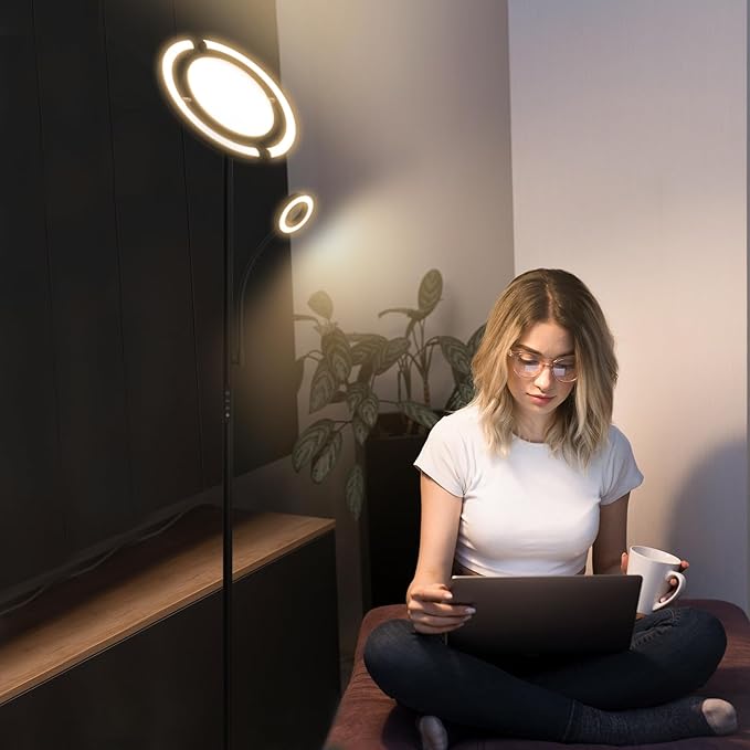 FIMEI 3 in 1 Floor Lamp, Modern Bright Standing Lamp with Split Rotatable Outer Ring Light and Small Reading Light, 4 Color Temperature and Dimmable, 3-Way Independent Control for Living Room Office - LeafyLoom