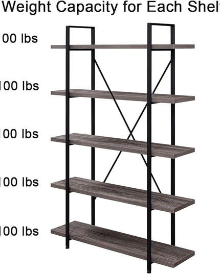 HSH 5-Shelf Vintage Industrial Rustic Bookshelf, 5 Tier Wood and Metal Bookcase, Open Etagere Book Shelf, Farmhouse Wooden Bookshelves, Light Grey Oak - LeafyLoom