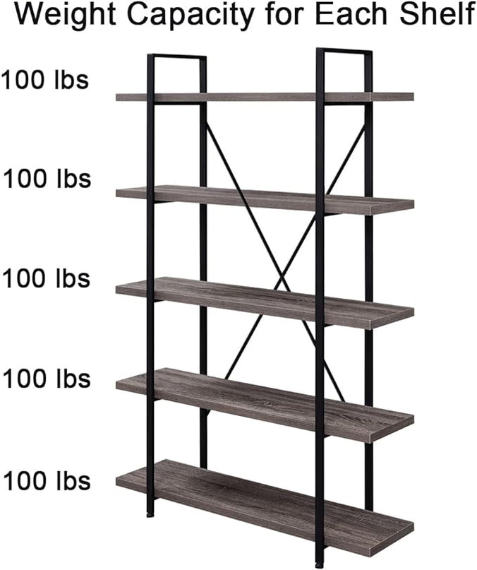 HSH 5-Shelf Vintage Industrial Rustic Bookshelf, 5 Tier Wood and Metal Bookcase, Open Etagere Book Shelf, Farmhouse Wooden Bookshelves, Light Grey Oak - LeafyLoom