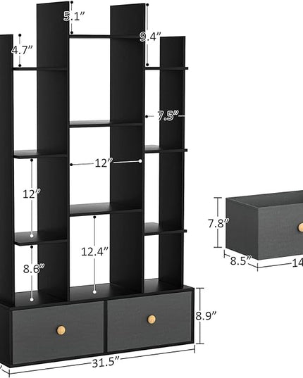 Unikito Book Shelf with 2 Drawers Free Standing Bookcase, Office Storage Shelf Organizer with 12 Open Bookshelf, Industrial Wood Book Case Display Rack for Bedroom, Living Room Home Office, Black - LeafyLoom