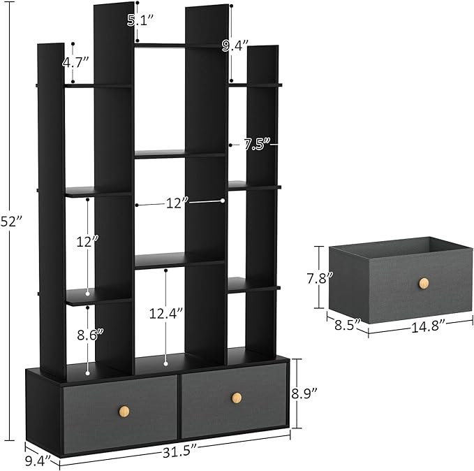 Unikito Book Shelf with 2 Drawers Free Standing Bookcase, Office Storage Shelf Organizer with 12 Open Bookshelf, Industrial Wood Book Case Display Rack for Bedroom, Living Room Home Office, Black - LeafyLoom