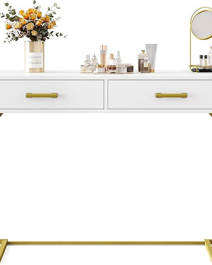 Computer Desk with 2 Drawers, Wooden Writing Desks for Home Office, White&Gold - LeafyLoom