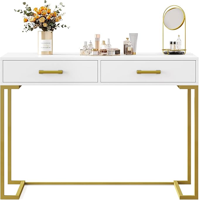 Computer Desk with 2 Drawers, Wooden Writing Desks for Home Office, White&Gold - LeafyLoom