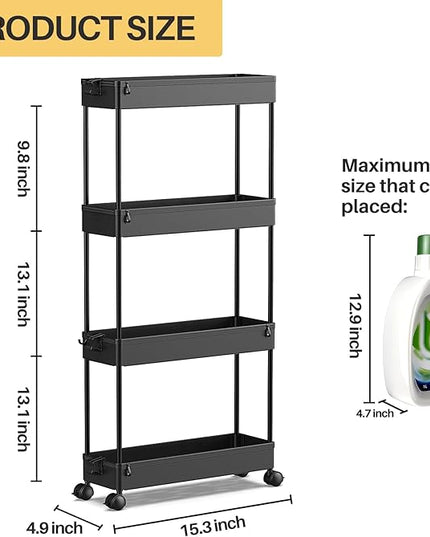 SPACEKEEPER Slim Rolling Storage Cart 4 Tier Organizer Mobile Shelving Unit Utility Cart Tower Rack for Kitchen Bathroom Laundry Narrow Places, Black - LeafyLoom
