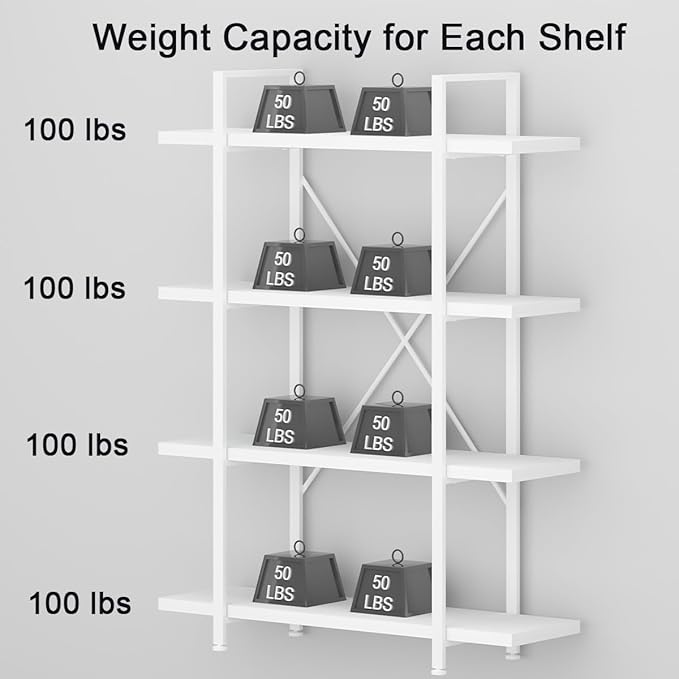 HSH 4 Tier White Bookshelf, Modern 4 Shelf Etagere Bookcase, Industrial Wood and Metal Storage Shelves and Display Book Rack, Farmhouse Open Wide Book Shelf for Bedroom Living Room Office, White Oak - LeafyLoom