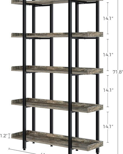 Rolanstar Book Shelf 5-Tier, 71.8’’H Tall Bookshelf for Home Office, Open Wood Display Shelves, Large Standing Bookcase with Metal for Living Room, Industrial Corner Bookshelf Grey - LeafyLoom