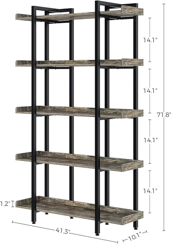 Rolanstar Book Shelf 5-Tier, 71.8’’H Tall Bookshelf for Home Office, Open Wood Display Shelves, Large Standing Bookcase with Metal for Living Room, Industrial Corner Bookshelf Grey - LeafyLoom
