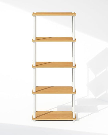 Furinno Turn-N-Tube 5-Tier Multipurpose Compact Display Rack, Shelving Unit, Bookcase, Beech/White - LeafyLoom
