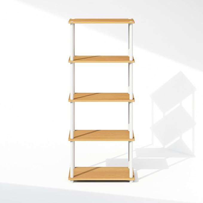 Furinno Turn-N-Tube 5-Tier Multipurpose Compact Display Rack, Shelving Unit, Bookcase, Beech/White - LeafyLoom