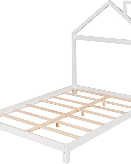 Jintop Full Size Wood Platform House-Shaped Headboard and Chimney,Bedroom Furniture Bed Frame W/ 10 Slat Support,Easy to Install,for Teens Kids Girls Boys,White - LeafyLoom