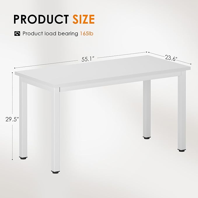 DlandHome 55 inches Large Computer Desk, Composite Wood Board, Decent and Steady Home Office Desk/Workstation/Table, BS1-140WW White and White Legs, 1 Pack - LeafyLoom