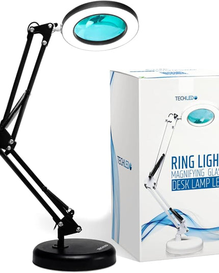Magnifying Glass with Light and Stand, Desk Ring Light, 3 Color Modes Stepless Dimmable, Desk Lamp, Clamp Light, Office Desk Lamp for Close Work, Repair, Reading, 12w, Adjustable Desk Lamp - LeafyLoom