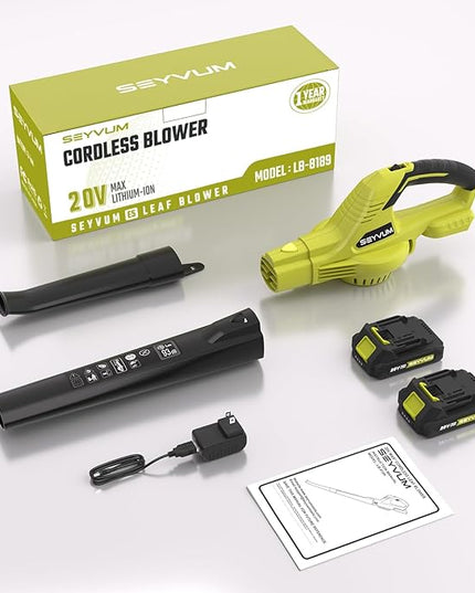 SEYVUM Leaf Blower, 20V Cordless Leaf Blower with 2 Pcs Li-ion Battery, Electric Leaf Blower for Lawn Care, 320CFM 150MPH Battery Powered Leaf Blower, for Patio, Garden Cleaning, Fast Charger Included - LeafyLoom