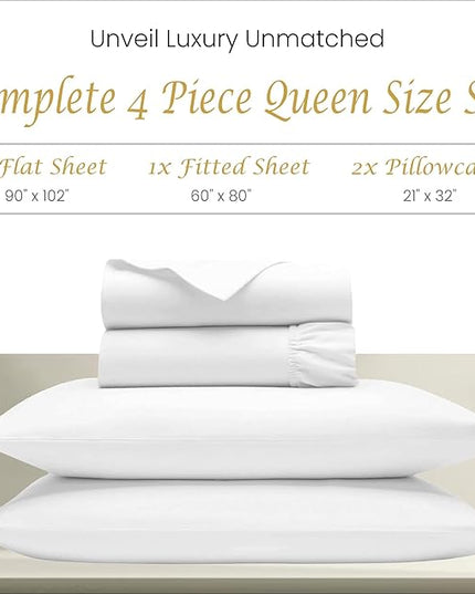 Bluemoon Homes 100% Egyptian Cotton Sheets Queen Size - 1000 Thread Count Sheets Queen Size Bed Sheet Set, Long Staple Bedding Sheets, Sateen Weave, Fits Upto 18" Mattress - White Queen Sheets - LeafyLoom
