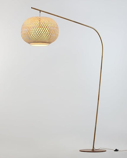 FOS - Modern Bohemian Chic Arch Floor Lamp with Woven Bamboo + Linen Shade - Brushed Brass Finish, Ambient Home Lighting in Living Room, Bedroom, Study, Nursery - LeafyLoom