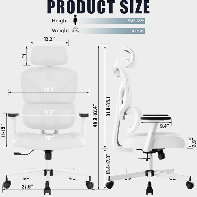 Office Chair, Ergonomic Desk Chair, High Back Desk Chair, Big and Tall Reclining Comfy Home Office Chair with Lumbar Support Breathable Mesh Computer Chair Adjustable Armrests - LeafyLoom