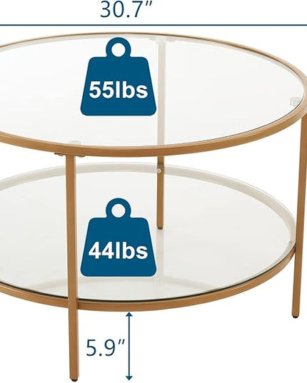 VINGLI Glass Coffee Table,30" Round Coffee Table Gold Coffee Tables for Living Room,2-Tier Glass Top Coffee Table with Storage Clear Coffee Table,Simple & Modern Center Table Mesa de Centro Para Sala - LeafyLoom