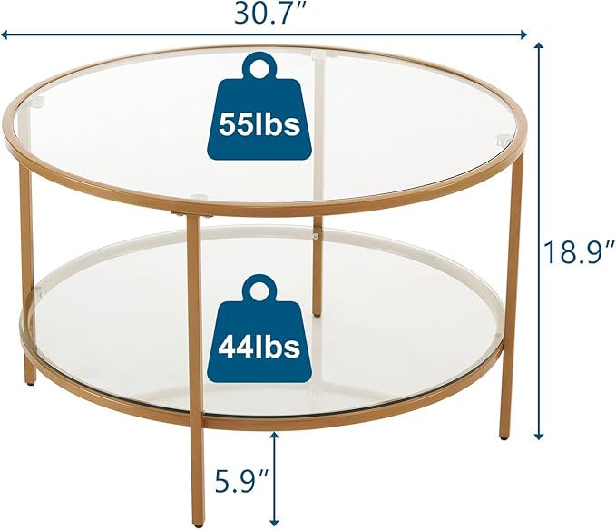 VINGLI Glass Coffee Table,30" Round Coffee Table Gold Coffee Tables for Living Room,2-Tier Glass Top Coffee Table with Storage Clear Coffee Table,Simple & Modern Center Table Mesa de Centro Para Sala - LeafyLoom