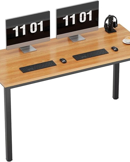 Need 55 Inch Large Computer Desk - Modern Simple Style Home Office Gaming Desk, Basic Writing Table for Study Student, Black Metal Frame, Teak - LeafyLoom