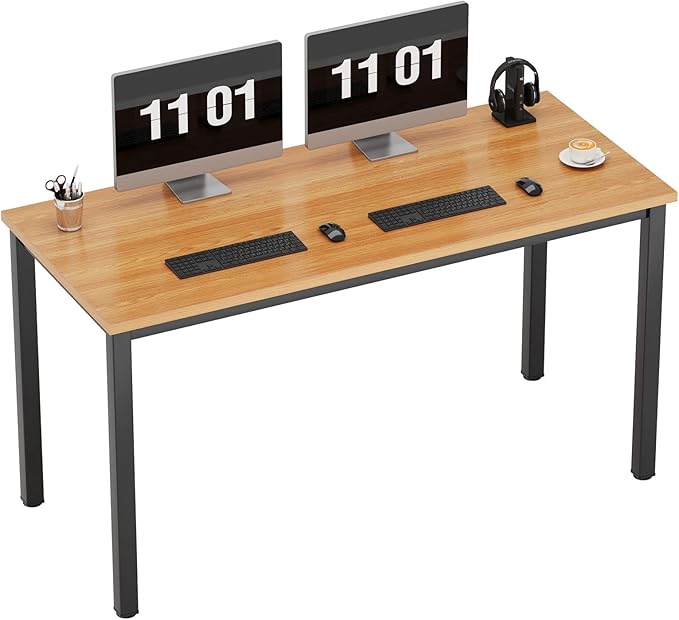 Need 55 Inch Large Computer Desk - Modern Simple Style Home Office Gaming Desk, Basic Writing Table for Study Student, Black Metal Frame, Teak - LeafyLoom