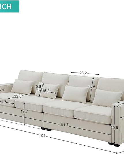 Sectional Living Room,Minimalist I Shape Couch,Compact Linen Fabric Modular Upholstered Sofa with Armrest Pocket and Removable Cushions,4 Pillow, 104" (4 Seater), Beige - LeafyLoom