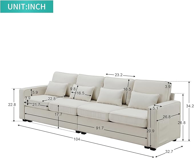 Sectional Living Room,Minimalist I Shape Couch,Compact Linen Fabric Modular Upholstered Sofa with Armrest Pocket and Removable Cushions,4 Pillow, 104" (4 Seater), Beige - LeafyLoom