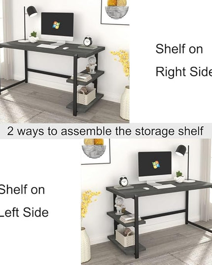 Industrial Computer Desk with Shelves, 55 inch Rustic Wood and Metal Work Study Writing Table for Home Office, Grey - LeafyLoom