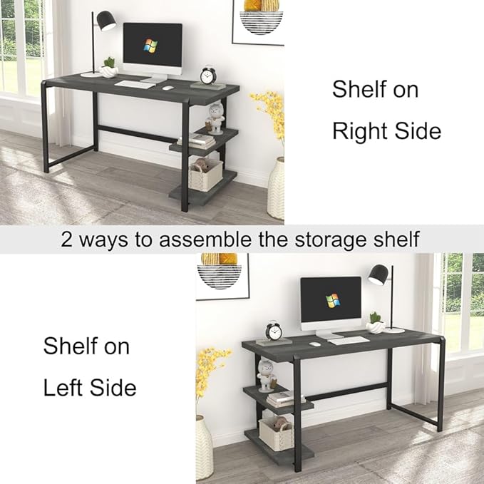 Industrial Computer Desk with Shelves, 55 inch Rustic Wood and Metal Work Study Writing Table for Home Office, Grey - LeafyLoom