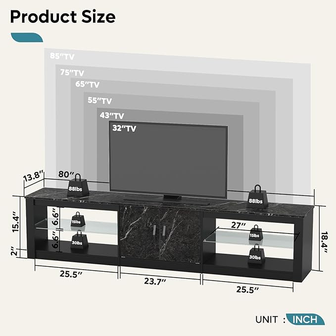 Bestier 80 Inch TV Stand for 65/75/85 inch TVs, Modern LED Entertainment Center with Storage Cabinet, Adjustable Glass Shelves ＆ Cable Management, Gaming TV Console Table for Living Room, Black Marble - LeafyLoom