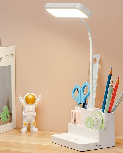 Small LED Desk Lamp with Pen/Phone Holder, Rechargeable Desk Light with Flexible Gooseneck, 3 Color Modes, Stepless Dimming, Eye Caring, Small Study Lamp for Dorm, Bedroom - LeafyLoom