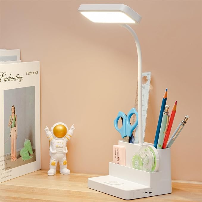Small LED Desk Lamp with Pen/Phone Holder, Rechargeable Desk Light with Flexible Gooseneck, 3 Color Modes, Stepless Dimming, Eye Caring, Small Study Lamp for Dorm, Bedroom - LeafyLoom
