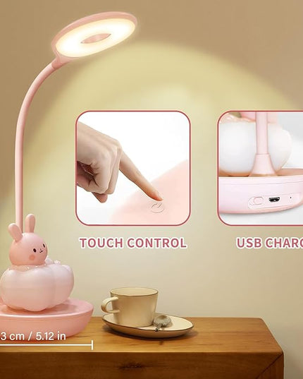 Kids Desk Lamp Pink, Dimming Desk Lamp for Girls with Exclusive Cartoon Look, Cute Night Light for Kids Bedroom, Eye-Caring LED Portable Reading Lamp for Child, Unique Gift (Pink Rabbit) - LeafyLoom
