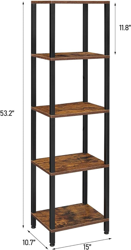 TUTOTAK Bookshelf, 5-Tier Tall Book Shelf, Narrow Bookcase for Small Space, DIY Stackable Bookshelf, for Living Room, Office, Study, Entryway, Industrial, Rustic Brown and Black BS01BB005 - LeafyLoom