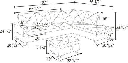 ROOMTEC Button L Shape Sectional Sofa Set, 5 Seat Upholstered Corner Couch with Storage Ottoman, Luxurious Linen Tufted Cushions, for Living Room, Apartment, 97inch, Agate Grey w/Right Chaise Lounge - LeafyLoom