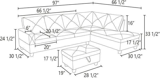 ROOMTEC Button L Shape Sectional Sofa Set, 5 Seat Upholstered Corner Couch with Storage Ottoman, Luxurious Linen Tufted Cushions, for Living Room, Apartment, 97inch, Agate Grey w/Right Chaise Lounge - LeafyLoom