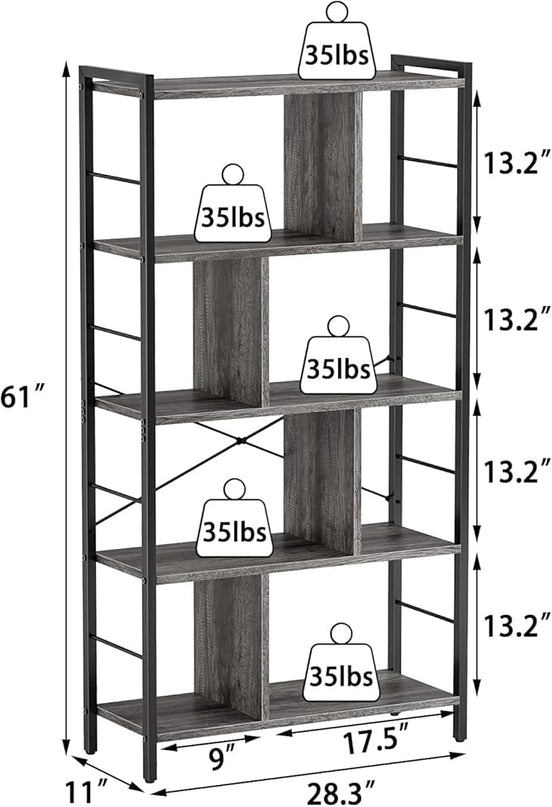 armocity Bookshelf, 5 Tier Tall Modern Bookcase Wood Metal Frame Standing Book Shelf, Display Bookshelves Storage Organizer for Bedroom Living Room Home Office, Grey - LeafyLoom