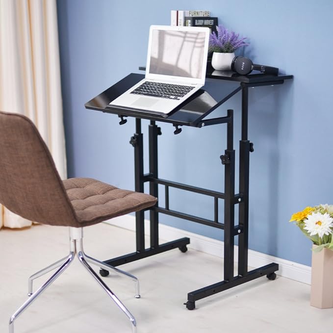 soges Mobile Standing Desk Adjustable Height, Roling Sit-Stand Desk, Small Standing Computer Desk Workstation on Wheels, Sit Stand Up Desk for Home Office, Black - LeafyLoom