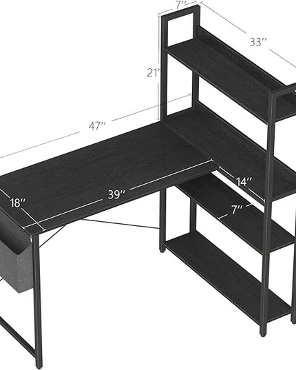 Treesland 47 Inch Computer Desk with Bookshelf, Corner Desk with Storage, L Shaped Desk, Home Office Desks, Writing Study Desk for Bedroom, Black - LeafyLoom