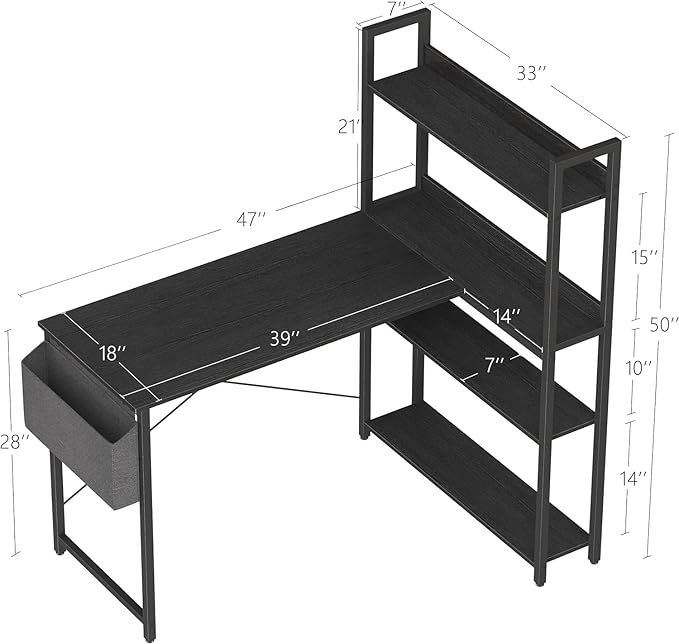 Treesland 47 Inch Computer Desk with Bookshelf, Corner Desk with Storage, L Shaped Desk, Home Office Desks, Writing Study Desk for Bedroom, Black - LeafyLoom